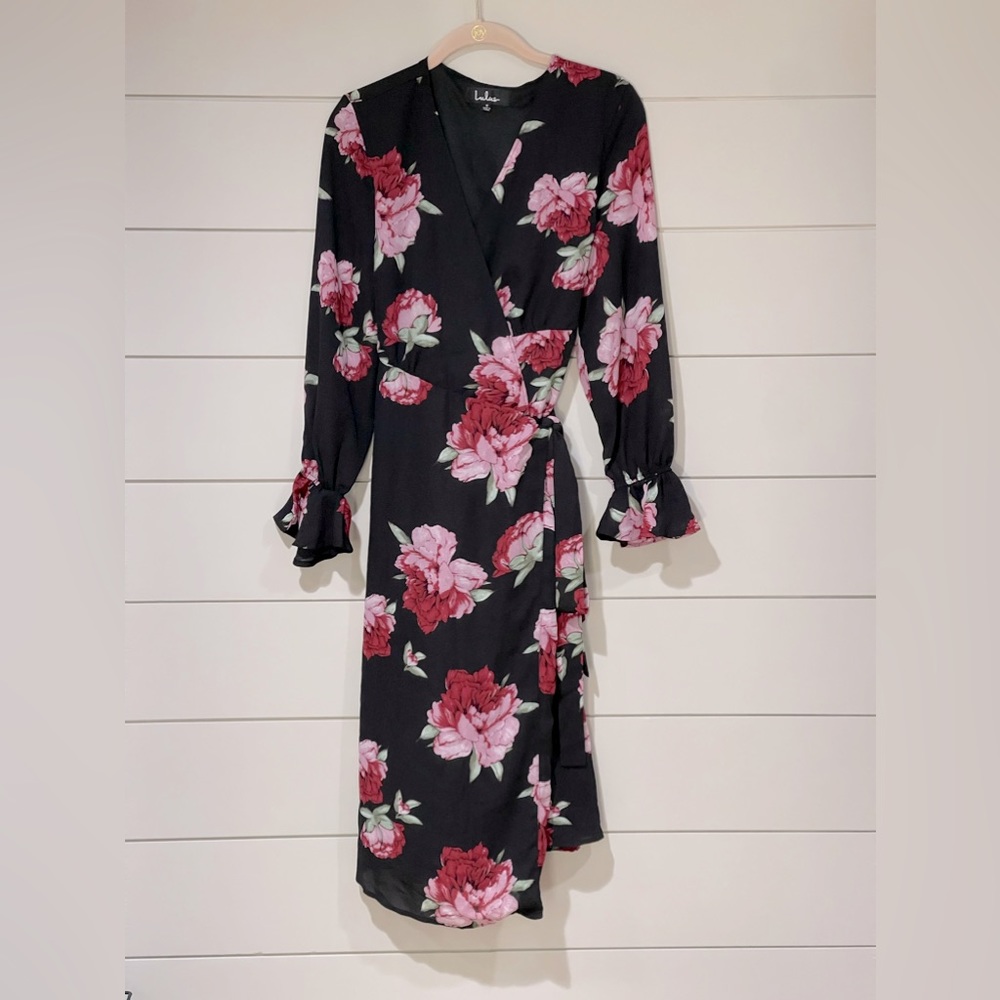 Lulu’s Black and Pink Floral Print Maxi Wrap Dress Size S